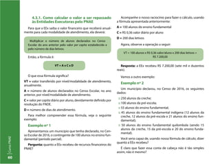 60
CursoPNAE
4.3.1. Como calcular o valor a ser repassado
às Entidades Executoras pelo PNAE
Para que a EEx saiba o valor financeiro que receberá anual-
mente para cada modalidade de atendimento, ela deverá:
Acompanhe o nosso raciocínio para fazer o cálculo, usando
a fórmula apresentada anteriormente:
A = 100 alunos do ensino fundamental
C = R$ 0,36 valor diário por aluno
D = 200 dias letivos
Agora, observe a operação a seguir:
Multiplicar o número de alunos declarados no Censo
Escolar do ano anterior pelo valor per capita estabelecido e
pelo número de dias letivos.
VT = 100 alunos x R$ 0,36 valor/aluno x 200 dias letivos =
R$ 7.200,00
VT = A x C x D
Então, a fórmula é:
O que essa fórmula significa?
VT = valor transferido por nível/modalidade de atendimento,
anualmente.
A = número de alunos declarados no Censo Escolar, no ano
anterior, por nível/modalidade de atendimento.
C = valor per capita diário por aluno, devidamente definido por
resolução do FNDE.
D = número de dias de atendimento.
Para melhor compreender essa fórmula, veja o seguinte
exemplo:
Exemplo nº 1
Apresentamos um município que tenha declarado, no Cen-
so Escolar de 2016, o contingente de 100 alunos no ensino fun-
damental (período parcial).
Pergunta: quanto a EEx recebeu de recursos financeiros do
PNAE?
Resposta: a EEx recebeu R$ 7.200,00 (sete mil e duzentos
reais).
Vamos a outro exemplo:
Exemplo nº 2
Um município declarou, no Censo de 2016, os seguintes
dados:
:: 250 alunos da creche;
:: 100 alunos da pré-escola;
:: 55 alunos do ensino fundamental;
:: 45 alunos do ensino fundamental indígena (12 alunos da
creche, 12 alunos da pré-escola e 21 alunos do ensino fun-
damental);
:: 50 alunos do ensino fundamental quilombola (sendo 15
alunos da creche, 15 da pré-escola e 20 do ensino funda-
mental).
Você seria capaz de, usando nossa fórmula de cálculo, dizer
quanto a EEx recebeu?
É claro que fazer essa conta de cabeça não é tão simples
assim, não é mesmo?
 
