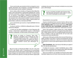 70
CursoPNAE
Respondendo a essa questão:
Já que os estudantes ficam no turno inverso, cabe ao nutri-
cionista planejar os cardápios de forma a oferecer no mínimo 3
(três) refeições ao dia e que supram pelo menos 70% (seten-
ta por cento) das suas necessidades nutricionais diárias,
durante sua permanência mínima de 7 (sete) horas na escola.
Assim, para atender a oferta mínima de 3 (três) refeições
diárias aos escolares incluídos no Programa Novo Mais Educa-
ção, o FNDE repassa à EEx uma complementação financeira de
forma a totalizar o valor per capita de R$ 1,07 (um real e sete
centavos) por dia de atendimento.
Ainda, para a liberação periódica dos recursos financeiros, o
FNDE considera como base o número de atendimento de 200
dias letivos/ano, sendo que o cálculo do montante repassado
anualmente é o mesmo que aquele exposto anteriormente, ou
seja:
ValorTransferido = A (nº de alunos) X C (Valor per capita) X
D (nº de dias de atendimento).
O cálculo de recursos a serem transferidos para as EExs
que atendem a estudantes do Programa Novo Mais Educação
segue a mesma lógica dos outros atendimentos.
Agora que já falamos com detalhes do Programa Novo Mais
Educação, seguiremos em frente. Outro tema que merece aten-
Já que os estudantes atendidos pelo Programa Novo
Mais Educação permanecem mais tempo na escola,
como deve ser planejada sua alimentação??
Quando da adesão ao Programa “Novo Mais
Educação”, é facultado às EEx a indicação da carga
horária do programa por escola – 5 (cinco) horas ou
15 (quinze) horas semanais. As escolas que fizerem
opção pela ampliação de jornada de 5 horas semanais
também receberão recursos para alimentação do
PNAE?
?
Como você já sabe, para atender de forma integral às neces-
sidades alimentares dos estudantes, é fundamental oferecer-
-lhes alimentação escolar saudável e adequada.
Assim, todas as EExs incluídas no Programa Novo Mais Edu-
cação, cuja escolas fizerem a opção pela ampliação de 15 horas
semanais cumprindo o requisito da jornada de tempo integral
de , no mínimo, 7 horas diárias. poderão ser atendidas com
recursos financeiros do PNAE para o cumprimento do direito
dos escolares de se alimentarem também no turno inverso às
aulas. Para que isso ocorra, porém, alguns critérios devem ser
preenchidos, conforme a normativa do PNAE:
a) ter nutricionista que assuma a responsabilidade técnica
do Programa;
b) possuir cozinhas e refeitórios adequados para o forneci-
mento das refeições;
c) inserir em seu plano pedagógico o tema Segurança Ali-
mentar e Nutricional, especialmente quanto à alimentação
saudável e adequada, correlacionada à alimentação escolar.
Não. De acordo com Resolução FNDE nº 26, de 17 de junho
de 2013, que dispõe sobre o atendimento da alimentação
escolar prevê recursos para alunos matriculados em escola de
tempo integral com permanência mínima de 7 h (sete horas)
diárias, desta forma, apenas as escolas que fizerem opção pela
ampliação de quinze horas semanais receberão recursos extras
para a alimentação.
 