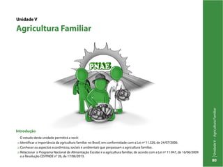 UnidadeV–AgriculturaFamiliar
80
Unidade V
Agricultura Familiar
Introdução
O estudo desta unidade permitirá a você:
:: Identificar a importância da agricultura familiar no Brasil, em conformidade com a Lei nº 11.326, de 24/07/2006.
:: Conhecer os aspectos econômicos, sociais e ambientais que perpassam a agricultura familiar.
:: Relacionar o Programa Nacional de Alimentação Escolar e a agricultura familiar, de acordo com a Lei nº 11.947, de 16/06/2009
e a Resolução CD/FNDE n° 26, de 17/06/2013.
 