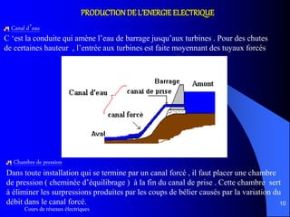 Cours de réseaux électriques
10
PRODUCTIONDE L’ENERGIE ELECTRIQUE
Canal d’eau
C ‘est la conduite qui amène l’eau de barrage jusqu’aux turbines . Pour des chutes
de certaines hauteur , l’entrée aux turbines est faite moyennant des tuyaux forcés
Chambre de pression
Dans toute installation qui se termine par un canal forcé , il faut placer une chambre
de pression ( cheminée d’équilibrage ) à la fin du canal de prise . Cette chambre sert
à éliminer les surpressions produites par les coups de bélier causés par la variation du
débit dans le canal forcé.
 