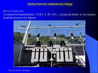 Cours de réseaux électriques
17
PRODUCTIONDE L’ENERGIE ELECTRIQUE
Parc de transformation
Il contient le transformateur ( 10 kV à 20 kV) , les jeux de barres et les moyens
de protection pour les départs
 