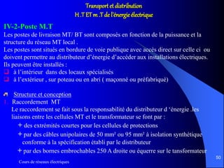 Cours de réseaux électriques
50
Transport et distribution
H .T ETm .T de l’énergie électrique
IV-2-Poste M.T
Les postes de livraison MT/ BT sont composés en fonction de la puissance et la
structure du réseau MT local .
Les postes sont situés en bordure de voie publique avec accès direct sur celle ci ou
doivent permettre au distributeur d’énergie d’accéder aux installations électriques.
Ils peuvent être installés :
 à l’intérieur dans des locaux spécialisés
 à l’extérieur , sur poteau ou en abri ( maçonné ou préfabriqué)
Structure et conception
1. Raccordement MT
Le raccordement se fait sous la responsabilité du distributeur d ‘énergie .les
liaisons entre les cellules MT et le transformateur se font par :
+ des extrémités courtes pour les cellules de protections
+ par des câbles unipolaires de 50 mm² ou 95 mm² à isolation synthétique
conforme à la spécification établi par le distributeur
+ par des bornes embrochables 250 A droite ou équerre sur le tansformateur
 