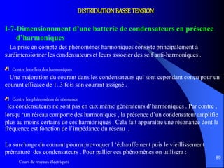 Cours de réseaux électriques
89
DISTRIDUTIONBASSETENSION
I-7-Dimensionnment d’une batterie de condensateurs en présence
d’harmoniques
La prise en compte des phénomènes harmoniques consiste principalement à
surdimensionner les condensateurs et leurs associer des self anti-harmoniques .
Contre les effets des harmoniques
Une majoration du courant dans les condensateurs qui sont cependant conçu pour un
courant efficace de 1. 3 fois son courant assigné .
Contre les phénomènes de résonance
les condensateurs ne sont pas en eux même générateurs d’harmoniques . Par contre ,
lorsqu ‘un réseau comporte des harmoniques , la présence d’un condensateur amplifie
plus au moins certains de ces harmoniques . Cela fait apparaître une résonance dont la
fréquence est fonction de l’impédance du réseau .
La surcharge du courant pourra provoquer l ‘échauffement puis le vieillissement
prématuré des condensateurs . Pour pallier ces phénomènes on utilisera :
 