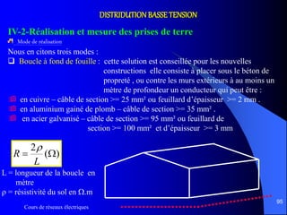Cours de réseaux électriques
95
DISTRIDUTIONBASSETENSION
IV-2-Réalisation et mesure des prises de terre
Mode de réalisation
Nous en citons trois modes :
 Boucle à fond de fouille : cette solution est conseillée pour les nouvelles
constructions elle consiste à placer sous le béton de
propreté , ou contre les murs extérieurs à au moins un
mètre de profondeur un conducteur qui peut être :
 en cuivre – câble de section >= 25 mm² ou feuillard d’épaisseur >= 2 mm .
 en aluminium gainé de plomb – câble de section >= 35 mm² .
 en acier galvanisé – câble de section >= 95 mm² ou feuillard de
section >= 100 mm² et d’épaisseur >= 3 mm
)(
2

L
R

L = longueur de la boucle en
mètre
 = résistivité du sol en .m
 