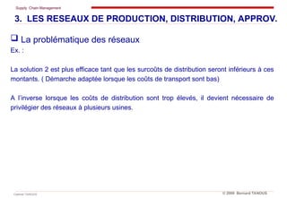 Supply Chain Management
Cabinet TANOUS © 2009 Bernard TANOUS
 La problématique des réseaux
Ex. :
La solution 2 est plus efficace tant que les surcoûts de distribution seront inférieurs à ces
montants. ( Démarche adaptée lorsque les coûts de transport sont bas)
A l’inverse lorsque les coûts de distribution sont trop élevés, il devient nécessaire de
privilégier des réseaux à plusieurs usines.
3. LES RESEAUX DE PRODUCTION, DISTRIBUTION, APPROV.
 