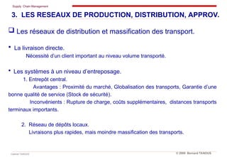 Supply Chain Management
Cabinet TANOUS © 2009 Bernard TANOUS
 Les réseaux de distribution et massification des transport.
 La livraison directe.
Nécessité d’un client important au niveau volume transporté.
 Les systèmes à un niveau d’entreposage.
1. Entrepôt central.
Avantages : Proximité du marché, Globalisation des transports, Garantie d’une
bonne qualité de service (Stock de sécurité).
Inconvénients : Rupture de charge, coûts supplémentaires, distances transports
terminaux importants.
2. Réseau de dépôts locaux.
Livraisons plus rapides, mais moindre massification des transports.
3. LES RESEAUX DE PRODUCTION, DISTRIBUTION, APPROV.
 
