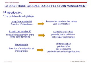 Supply Chain Management
Cabinet TANOUS © 2009 Bernard TANOUS
 Introduction.
 La mutation de la logistique
LA LOGISTIQUE GLOBALE OU SUPPLY CHAIN MANAGEMENT
Jusqu’aux années 80
Fonction d’intendance
Pousser les produits des usines
vers les marchés
A partir des années 90
Fonction d’ajustement entre
l’offre et la demande
Ajustement des flux
poussés par la prévision
et tirés par la demande
Actuellement
Fonction d’anticipation et
d’intégration
Différenciation
par les coûts
par les services
par l’efficience des organisations
 