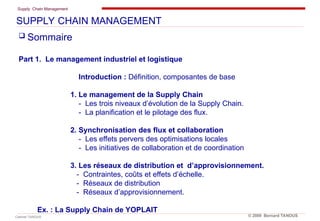 Supply Chain Management
Cabinet TANOUS © 2009 Bernard TANOUS
 Sommaire
Part 1. Le management industriel et logistique
Introduction : Définition, composantes de base
1. Le management de la Supply Chain
- Les trois niveaux d’évolution de la Supply Chain.
- La planification et le pilotage des flux.
2. Synchronisation des flux et collaboration
- Les effets pervers des optimisations locales
- Les initiatives de collaboration et de coordination
3. Les réseaux de distribution et d’approvisionnement.
- Contraintes, coûts et effets d’échelle.
- Réseaux de distribution
- Réseaux d’approvisionnement.
Ex. : La Supply Chain de YOPLAIT
SUPPLY CHAIN MANAGEMENT
 