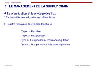 Supply Chain Management
Cabinet TANOUS © 2009 Bernard TANOUS
1. LE MANAGEMENT DE LA SUPPLY CHAIN
Type 2 - Flux poussés.
Type 1 - Flux tirés.
Type 3- Flux poussés / tirés avec régulation.
Type 4 - Flux poussés / tirés sans régulation.
 La planification et le pilotage des flux
 Particularités des industries agroalimentaires
2. Quatre typologies de système logistique
 