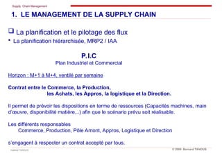 Supply Chain Management
Cabinet TANOUS © 2009 Bernard TANOUS
1. LE MANAGEMENT DE LA SUPPLY CHAIN
 La planification et le pilotage des flux
 La planification hiérarchisée, MRP2 / IAA
P.I.C
Plan Industriel et Commercial
Horizon : M+1 à M+4, ventilé par semaine
Contrat entre le Commerce, la Production,
les Achats, les Appros, la logistique et la Direction.
Il permet de prévoir les dispositions en terme de ressources (Capacités machines, main
d’œuvre, disponibilité matière,..) afin que le scénario prévu soit réalisable.
Les différents responsables
Commerce, Production, Pôle Amont, Appros, Logistique et Direction
s’engagent à respecter un contrat accepté par tous.
 