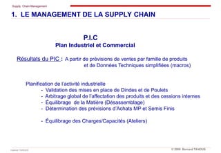 Supply Chain Management
Cabinet TANOUS © 2009 Bernard TANOUS
P.I.C
Plan Industriel et Commercial
Résultats du PIC : A partir de prévisions de ventes par famille de produits
et de Données Techniques simplifiées (macros)
Planification de l’activité industrielle
- Validation des mises en place de Dindes et de Poulets
- Arbitrage global de l’affectation des produits et des cessions internes
- Équilibrage de la Matière (Désassemblage)
- Détermination des prévisions d’Achats MP et Semis Finis
- Équilibrage des Charges/Capacités (Ateliers)
1. LE MANAGEMENT DE LA SUPPLY CHAIN
 