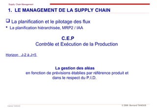 Supply Chain Management
Cabinet TANOUS © 2009 Bernard TANOUS
1. LE MANAGEMENT DE LA SUPPLY CHAIN
 La planification et le pilotage des flux
 La planification hiérarchisée, MRP2 / IAA
C.E.P
Contrôle et Exécution de la Production
Horizon J-2 à J+5
La gestion des aléas
en fonction de prévisions établies par référence produit et
dans le respect du P.I.D.
 