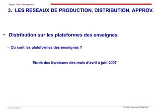 Supply Chain Management
Cabinet TANOUS © 2009 Bernard TANOUS
• Distribution sur les plateformes des enseignes
- Où sont les plateformes des enseignes ?
Etude des livraisons des mois d’avril à juin 2007
3. LES RESEAUX DE PRODUCTION, DISTRIBUTION, APPROV.
 