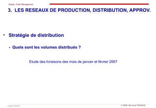 Supply Chain Management
Cabinet TANOUS © 2009 Bernard TANOUS
• Stratégie de distribution
- Quels sont les volumes distribués ?
Etude des livraisons des mois de janvier et février 2007
3. LES RESEAUX DE PRODUCTION, DISTRIBUTION, APPROV.
 