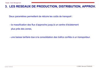 Supply Chain Management
Cabinet TANOUS © 2009 Bernard TANOUS
Deux paramètres permettent de réduire les coûts de transport :
- la massification des flux d’approche jusqu’à un centre d’éclatement
plus près des zones,
- une baisse tarifaire due à la consolidation des trafics confiés à un transporteur.
3. LES RESEAUX DE PRODUCTION, DISTRIBUTION, APPROV.
 