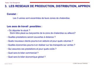 Supply Chain Management
Cabinet TANOUS © 2009 Bernard TANOUS
Constat :
Les 3 usines sont excentrées de leurs zones de chalandise.
Les axes de travail possibles :
- Où déporter le stock ?
Doit-il être placé au barycentre de la zone de chalandise ou ailleurs?
- Quelles prestations seront couvertes à distance ?
- Quels nouveaux clients pourra-t-on séduire et pour quels volumes ?
- Quelles économies pourra-t-on réaliser sur les transports sur ventes ?
- Qui assurera ces prestations et pour quels coûts ?
- Quel sera le bilan commercial ?
- Quel sera le bilan économique global ?
3. LES RESEAUX DE PRODUCTION, DISTRIBUTION, APPROV.
 