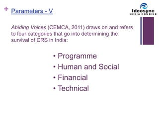 + 
Abiding Voices (CEMCA, 2011) draws on and refers 
to four categories that go into determining the 
survival of CRS in India: 
• Programme 
• Human and Social 
• Financial 
• Technical 
Parameters - V 
 
