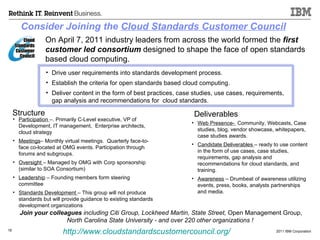 Consider Joining the  Cloud Standards Customer Council Drive user requirements into standards development process. Establish the criteria for open standards based cloud computing. Deliver content in the form of best practices, case studies, use cases, requirements, gap analysis and recommendations for  cloud standards. On April 7, 2011 industry leaders from across the world formed the  first customer led consortium  designed to shape the face of open standards based cloud computing. Join your colleagues  including Citi Group, Lockheed Martin, State Street,  Open Management Group,  North Carolina State University - and over 220 other organizations !  Participation  –. Primarily C-Level executive, VP of Development, IT management,  Enterprise architects, cloud strategy  Meetings – Monthly virtual meetings.  Quarterly face-to-face co-located at OMG events. Participation through forums and subgroups. Oversight  – Managed by OMG with Corp sponsorship (similar to SOA Consortium) Leadership  – Founding members form steering committee Standards Development  – This group will not produce standards but will provide guidance to existing standards development organizations  Structure Web Presence-  Community, Webcasts, Case studies, blog, vendor showcase, whitepapers, case studies awards. Candidate Deliverables  – ready to use content in the form of use cases, case studies, requirements, gap analysis and recommendations for cloud standards, and training. Awareness  – Drumbeat of awareness utilizing events, press, books, analysts partnerships and media. Deliverables http://www.cloudstandardscustomercouncil.org/ 