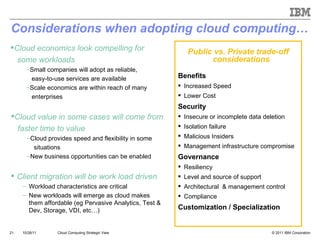 Cloud Computing Strategic View 10/28/11 Considerations when adopting cloud computing… Client migration will be work load driven Workload characteristics are critical   New workloads will emerge as cloud makes them affordable (eg Pervasive Analytics, Test & Dev, Storage, VDI, etc…) Public vs. Private trade-off considerations Benefits Increased Speed Lower Cost Security Insecure or incomplete data deletion Isolation failure Malicious Insiders Management infrastructure compromise Governance Resiliency Level and source of support Architectural  & management control Compliance Customization / Specialization Cloud economics look compelling for  some workloads Small companies will adopt as reliable,  easy-to-use services are available Scale economics are within reach of many  enterprises Cloud value in some cases will come from faster time to value Cloud provides speed and flexibility in some  situations New business opportunities can be enabled 
