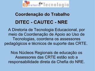 A Diretoria de Tecnologia Educacional, por meio da Coordenação de Apoio ao Uso de Tecnologias, coordena os assessores pedagógicos e técnicos de suporte das CRTE.    Nos Núcleos Regionais de educação os Assessores das CRTE estão sob a responsabilidade direta da Chefia do NRE. DITEC - CAUTEC - NRE Coordenação do Trabalho 