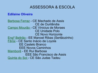 ASSESSORA & ESCOLA   Edilaine Oliveira   Barbosa Ferraz   - CE Machado de Assis                                 CE de Ourilândia Campo Mourão  - CE Vinicius de Moraes                                 CE Unidade Polo                                  CE Novo Horizonte Engº Beltrão  - EE Manoel Ribas (Sertãozinho) Fênix  - CE Santo Inácio de Loyola               EE Castelo Branco               EEE Novos Caminhos Mamborê  - EE Rui Barbosa                      EEE São Francisco de Assis Quinta do Sol  - CE São Judas Tadeu 