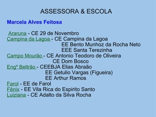 ASSESSORA & ESCOLA   Marcela Alves Feitosa     Araruna  - CE 29 de Novembro Campina da Lagoa  - CE Campina da Lagoa                                       EE Bento Munhoz da Rocha Neto                                       EEE Santa Terezinha Campo Mourão  - CE Antonio Teodoro de Oliveira                                 CE Dom Bosco Engº Beltrão  - CEEBJA Elias Abraão                            EE Getulio Vargas (Figueira)                            EE Arthur Ramos Farol  - EE de Farol Fênix  - EE Vila Rica do Espirito Santo Luiziana  - CE Adalto da Silva Rocha   