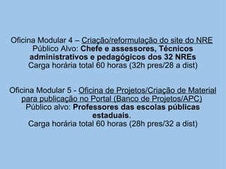     Oficina Modular 4 –  Criação/reformulação do site do NRE   Público Alvo:  Chefe e assessores, Técnicos administrativos e pedagógicos dos 32 NREs Carga horária total 60 horas (32h pres/28 a dist)   Oficina Modular 5 -  Oficina de Projetos/Criação de Material para publicação no Portal (Banco de Projetos/APC)   Público alvo:  Professores das escolas públicas estaduais .  Carga horária total 60 horas (28h pres/32 a dist)   