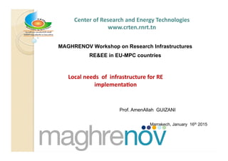 Center	
  of	
  Research	
  and	
  Energy	
  Technologies	
  
www.crten.rnrt.tn	
  
Prof. AmenAllah GUIZANI
MAGHRENOV Workshop on Research Infrastructures
RE&EE in EU-MPC countries
Local	
  needs	
  	
  of	
  	
  infrastructure	
  for	
  RE	
  
implementa;on	
  	
  
Marrakech, January 16th 2015
 
