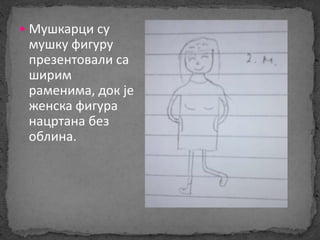 Мушкарци су 
мушку фигуру 
презентовали са 
ширим 
раменима, док је 
женска фигура 
нацртана без 
облина. 
 