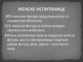 80% женских фигура представљена је са 
израженим облинама. 
65% женских фигура је веома оскудно 
обучено или необучено. 
Већина испитаница прво је нацртала женску 
фигуру, док су сви мушкарци нацртали 
најпре фигуру јачег, дакле – сопственог 
пола. 
 