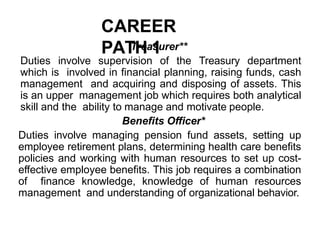 CAREER
PATH 1
Treasurer**
Duties involve supervision of the Treasury department
which is involved in financial planning, raising funds, cash
management and acquiring and disposing of assets. This
is an upper management job which requires both analytical
skill and the ability to manage and motivate people.
Benefits Officer*
Duties involve managing pension fund assets, setting up
employee retirement plans, determining health care benefits
policies and working with human resources to set up cost-
effective employee benefits. This job requires a combination
of finance knowledge, knowledge of human resources
management and understanding of organizational behavior.
 