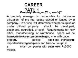 CAREER
PATH 1
Property Manager [Corporate]**
A property manager is responsible for maximum
utilization of the real estate owned or leased by a
company. He or she will determine whether surplus or
under utilized property should be developed,
expanded, upgraded, or sold. Requirements for new
office, manufacturing, or warehouse space will be
arranged by the property manager, who will
lease, develop, or space.
Th
e
property
manager
s
acquire
positio
n
the
additiona
l has
become
increasingl
y
important in recent years and is now found at
most companies with sales over Rs5000
million.
 