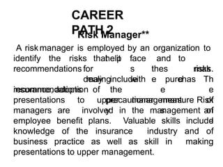 CAREER
PATH 2
Risk Manager**
A riskmanager is employed by an organization to
help
identify the risks that it to
mak
e
face
s
with
and
thes
e
recommendations for
dealing
recommendations
insurance, adoption of
may include
the
precautionar
y
purchas
e
measure
s
risks.
Th
e
of
an
d
presentations to upper management. Risk
managers are involved in the management of
employee benefit plans. Valuable skills include
knowledge of the insurance industry and of
business practice as well as skill in making
presentations to upper management.
 