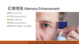 記憶增強 Memory Enhancement
覆述(rehearsal)
分類(categorization)
組塊(chunking)
視覺化(visualization)
選擇性的記憶術…(ex:諧音)
http://s314.siliconimg.com/kb/content_images/2016/01/02/977882/1451709043_
560.jpg?imageView2/1/w/800/h/480/imageMogr2/strip/interlace/1/format/jpg
 