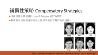 補償性策略 Compensatory Strategies
情緒辨識主要根據Ekman & Friesen (1975)研究。
教導患者如何透過辨識他人臉部表情而了解對方的情緒。
https://i.pinimg.com/originals/70/ab/d6/70abd6f645b7b9b0a51180a330427610.jpg
 