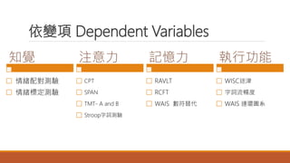 依變項 Dependent Variables
知覺
情緒配對測驗
情緒標定測驗
注意力
CPT
SPAN
TMT- A and B
Stroop字詞測驗
記憶力
RAVLT
RCFT
WAIS 數符替代
執行功能
WISC迷津
字詞流暢度
WAIS 連環圖系
 