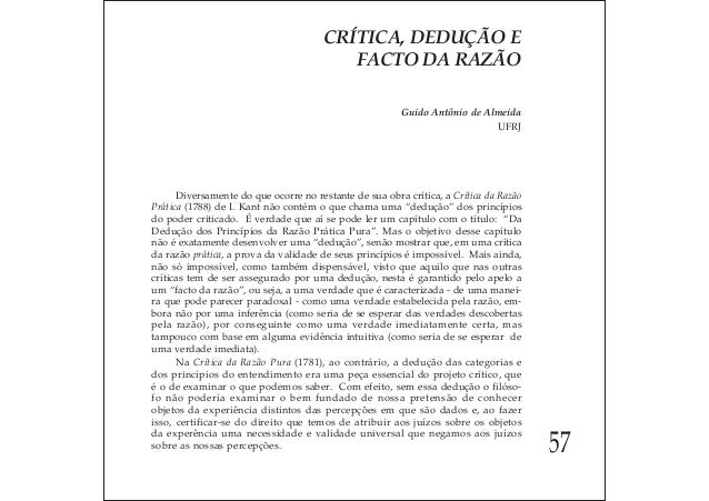 Crítica, dedução e facto da razão. guido antônio de