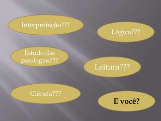 Lógica???
Leitura???
Interpretação???
Ciência???
E você?
Estudo das
patologias???
 