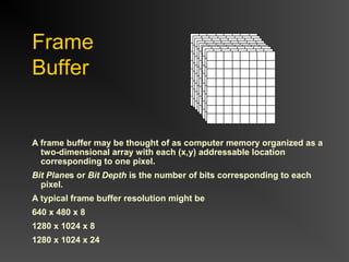 Frame
Buffer
A frame buffer may be thought of as computer memory organized as a
two-dimensional array with each (x,y) addressable location
corresponding to one pixel.
Bit Planes or Bit Depth is the number of bits corresponding to each
pixel.
A typical frame buffer resolution might be
640 x 480 x 8
1280 x 1024 x 8
1280 x 1024 x 24
 