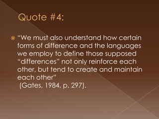 Structural determinism --legal tools and thought that can impede law reformEvolution of Critical Race TheoryCrenshawBelief in color blindness and equal process is illogical in a society in which specific groups have been treated different historically and in which the outcomes continue to be present (Tate, 1995)CLS not grounded in realities of racially oppressedCLS fails to analyze the hegemonic role of racismCLS exaggerated the role of liberal legal consciousness, minimizing the transformative power of liberalismIntersectionality Framework (race and gender, but later class and age)structural intersectionality (domination)political intersectionality (systems)representational intersectionality (narratives)Ladson-BillingsCulturally-relevant pedagogy –cultural nationalismMulticulturalism – allows a proliferation of difference following in the traditions of liberalismScholarship of education research
