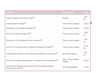 • Intraventricular dyssynchrony can be evaluated by conventional
echocardiography, tissue velocity measurements and deformation imaging
 