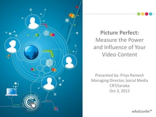 Picture Perfect:
  Measure the Power
 and Influence of Your
    Video Content


 Presented by: Priya Ramesh
Managing Director, Social Media
         CRT/tanaka
         Oct 2, 2012
 