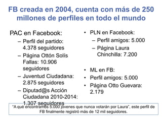 FB creada en 2004, cuenta con más de 250 millones de perfiles en todo el mundoPAC en Facebook:Perfil del partido: 4.378 seguidoresPágina Ottón Solís Fallas: 10.906 seguidoresJuventud Ciudadana: 2.875 seguidoresDiputad@s Acción Ciudadana 2010-2014: 1.307 seguidoresPLN en Facebook: Perfil amigos: 5.000Página Laura Chinchilla: 7.200ML en FB: