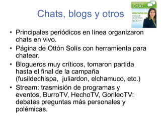 TwitterSe “twittearon” los debates presidenciales y los principales eventos masivos de los partidos políticos. Durante el debate de canal 7 se publicaron 6.475 twits en un lapso de 3 horas, y durante el debate de canal 6 se generó 6.508 tiwts en 5 horas. La víspera y el día de las elecciones, se emitieron 11.428 twits (mensajes) públicos utilizando los hashtags (etiquetas) #votocr y #voto2010. El domingo de las elecciones, un total de 1.178 usuarios de Twitter participaron publicando mensajes relacionados con el proceso electoral.
