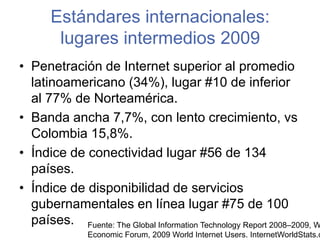 Estándares internacionales:lugares intermedios 2009Penetración de Internet superior al promedio latinoamericano (34%), lugar #10 de inferior al 77% de Norteamérica. Banda ancha 7,7%, con lento crecimiento, vs Colombia 15,8%.Índice de conectividad lugar #56 de 134 países.Índice de disponibilidad de servicios gubernamentales en línea lugar #75 de 100 países.Fuente: The Global InformationTechnologyReport 2008–2009, WorldEconomicForum, 2009 WorldInternet Users. InternetWorldStats.com