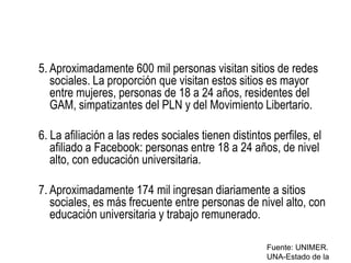 5. Aproximadamente 600 mil personas visitan sitios de redes sociales. La proporción que visitan estos sitios es mayor entre mujeres, personas de 18 a 24 años, residentes del GAM, simpatizantes del PLN y del Movimiento Libertario. 6. La afiliación a las redes sociales tienen distintos perfiles, el afiliado a Facebook: personas entre 18 a 24 años, de nivel alto, con educación universitaria. 7. Aproximadamente 174 mil ingresan diariamente a sitios sociales, es más frecuente entre personas de nivel alto, con educación universitaria y trabajo remunerado. Fuente: UNIMER. UNA-Estado de la Nación