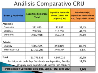 Países y Provincias Superficie Sembrada Total Superficie Sembrada dentro Cuenca Río Uruguay (CRU) Participación (%)  Superficies Sembradas en CRU / Sup. Semb. Totales Argentina Corrientes 221.850 71.957 32,4% Misiones 758.354 318.096 42,9% Entre Ríos 2.032.918 550.042 27,1% Exterior Uruguay 1.004.505 853.829  85,0 % Brasil (RGS+SC) 17.759.208 2.629.934 5,6% Total 21.776.835 4.504.026 20,7% Participación de la Sup. Sembrada en Argentina, Brasil y Uruguay en la superficie de la CRU  [365.000 km 2 ] 12,3% Participación Corrientes en la Sup. Semb. Total de la CRU 1,6% 