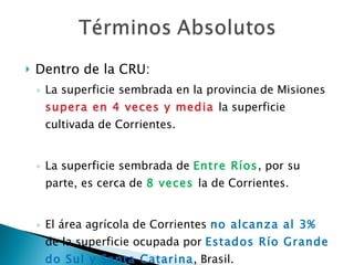 Dentro de la CRU: La superficie sembrada en la provincia de Misiones  supera en 4 veces y media  la superficie cultivada de Corrientes. La superficie sembrada de  Entre Ríos , por su parte, es cerca de  8 veces  la de Corrientes. El área agrícola de Corrientes  no alcanza al 3%  de la superficie ocupada por  Estados Río Grande do Sul y Santa Catarina , Brasil.  