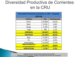 Fuente : Servicio de Información Agroeconómica (SIA),  Ministerio de la Producción, Trabajo y Turismo de la provincia de Corrientes.  Diversidad Productiva de Corrientes en la CRU Diversidad Productiva Corrientes en CRU –Campaña 2007/08 Cultivos Has Participación Arroz  23.802 33,1% Maíz  2.555 3,6% Sorgo  1.310 1,8% Trigo 780 1,1% CEREALES 28.447 39,5% FRUTALES 21.225 29,5% Soja  5.970 8,3% Te  1.740 2,4% Yerba Mate 12.350 17,2% INDUSTRIALES y OLEAGINOSAS 20.707 28,8% HORTICOLAS 1.578 2,2% 