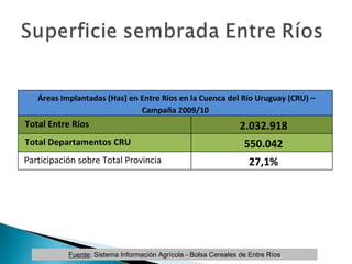 Fuente : Sistema Información Agrícola - Bolsa Cereales de Entre Ríos Áreas Implantadas (Has) en Entre Ríos en la Cuenca del Río Uruguay (CRU) –  Campaña 2009/10 Total Entre Ríos 2.032.918 Total Departamentos CRU 550.042 Participación sobre Total Provincia 27,1% 